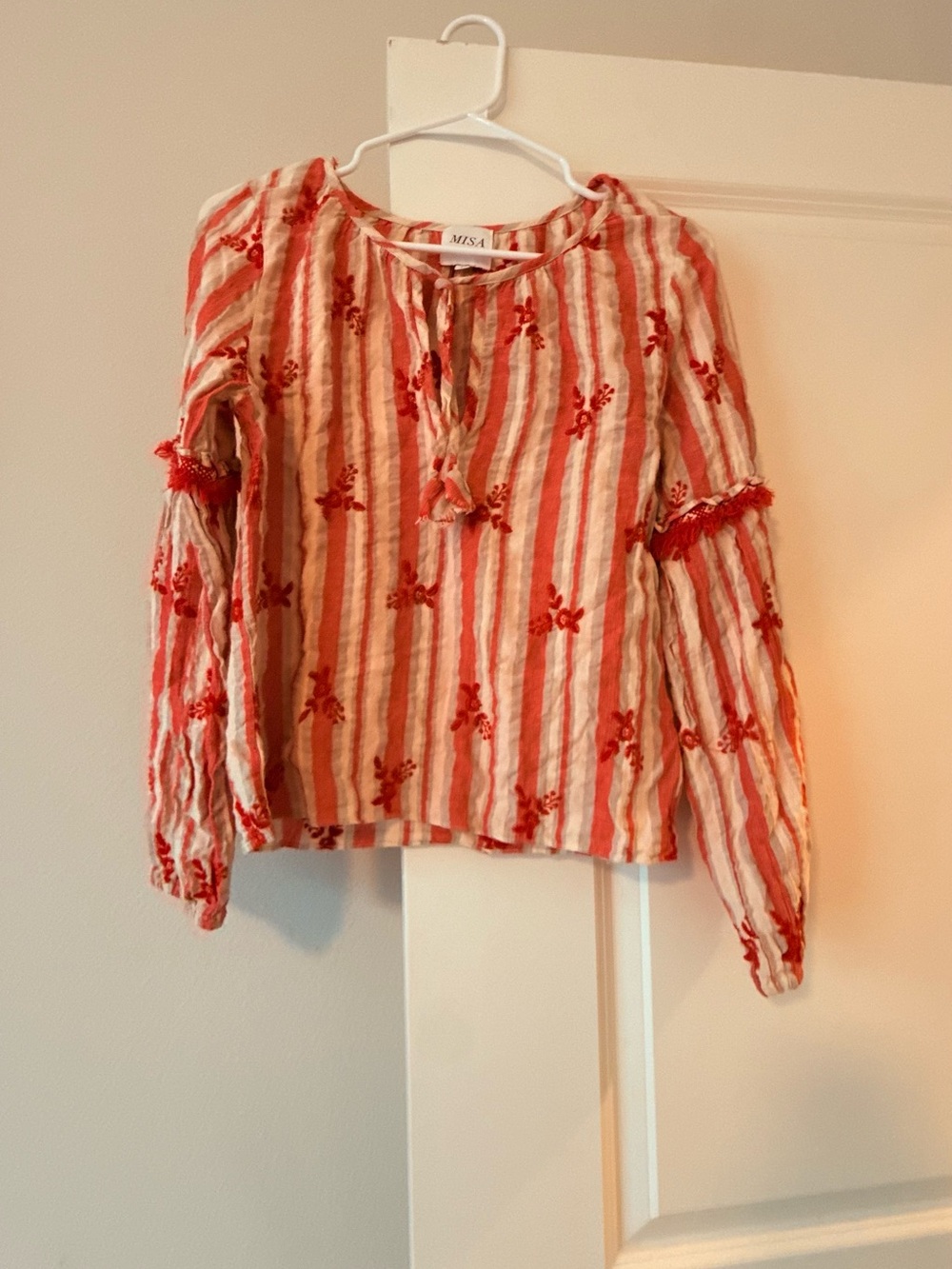 Misa Los Angeles Red & Cream Striped Embroidered Peasant Blouse - Picture 4 of 7